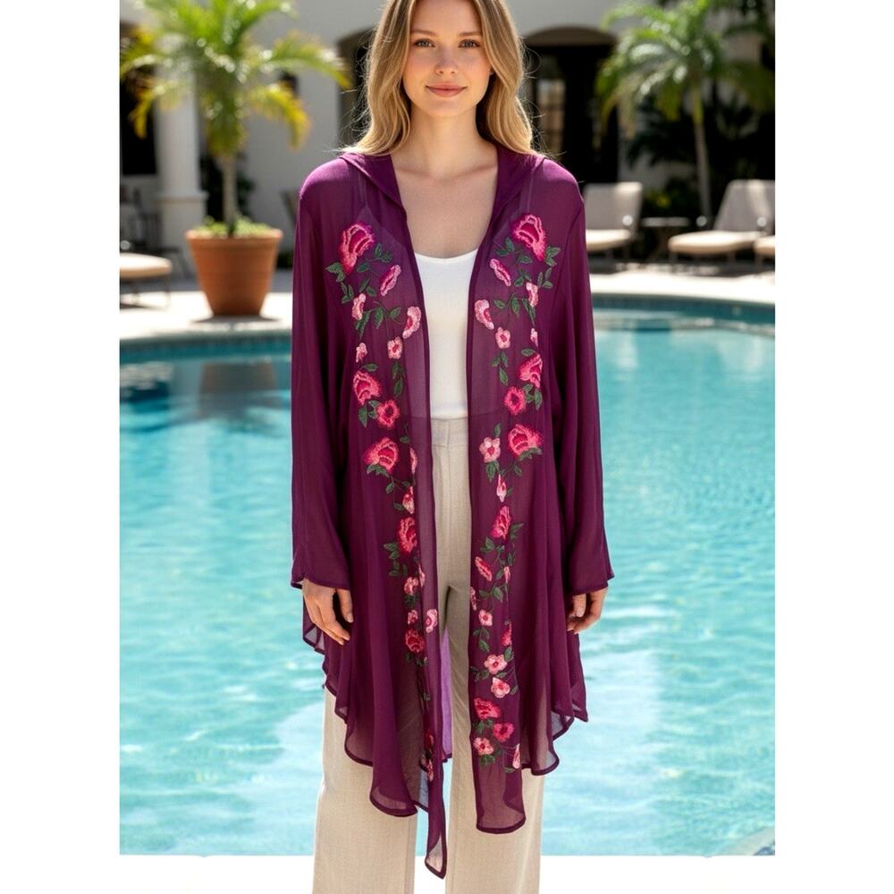 Torrid purple floral embroidered kimono sheer duster Luxury open front 1/2 XL
